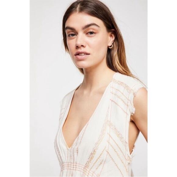 Free People Cactus Flowers Cream Striped Flowy Mini Dress L - Picture 4 of 12